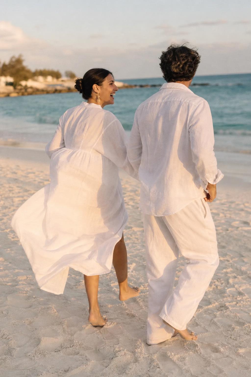 Barefoot. Linen in the wind.